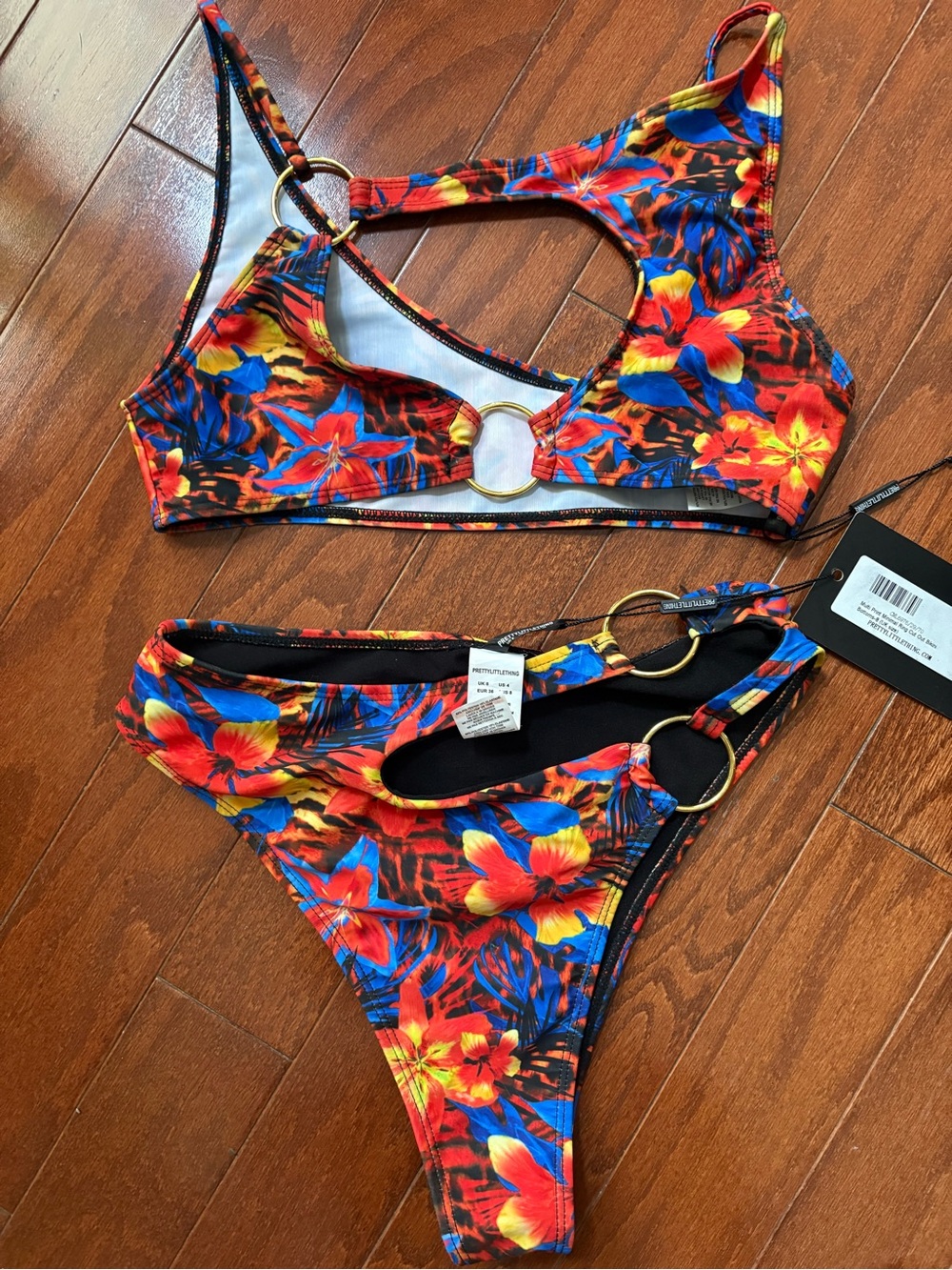 PrettyLittleThing Red Multi Floral Ring-Detail Bikini